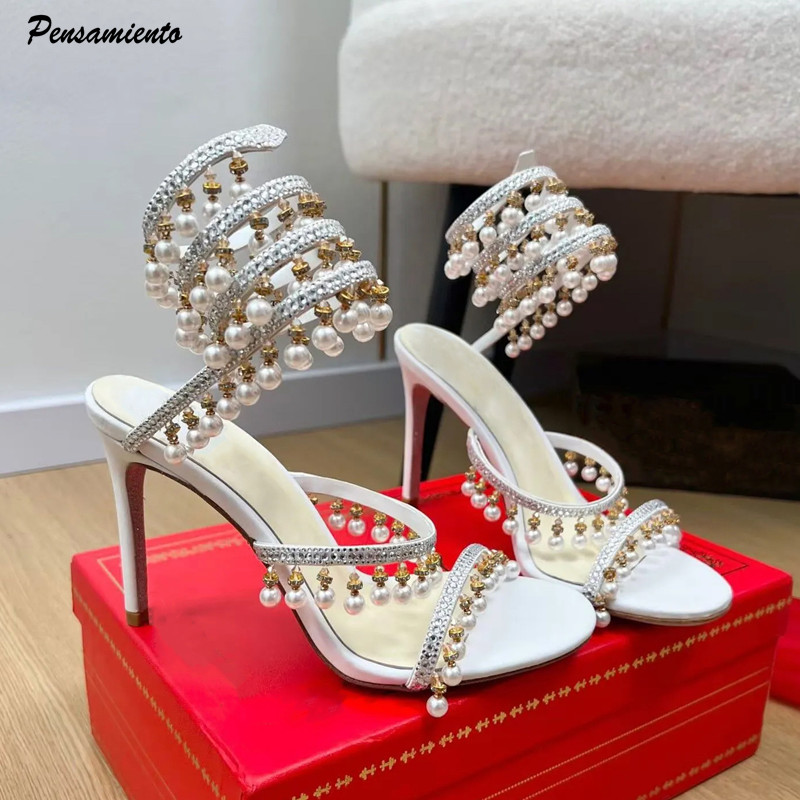 Wedding Shop - Lüks Rhinestones İnciler Püsküller Kadın Gladyatör